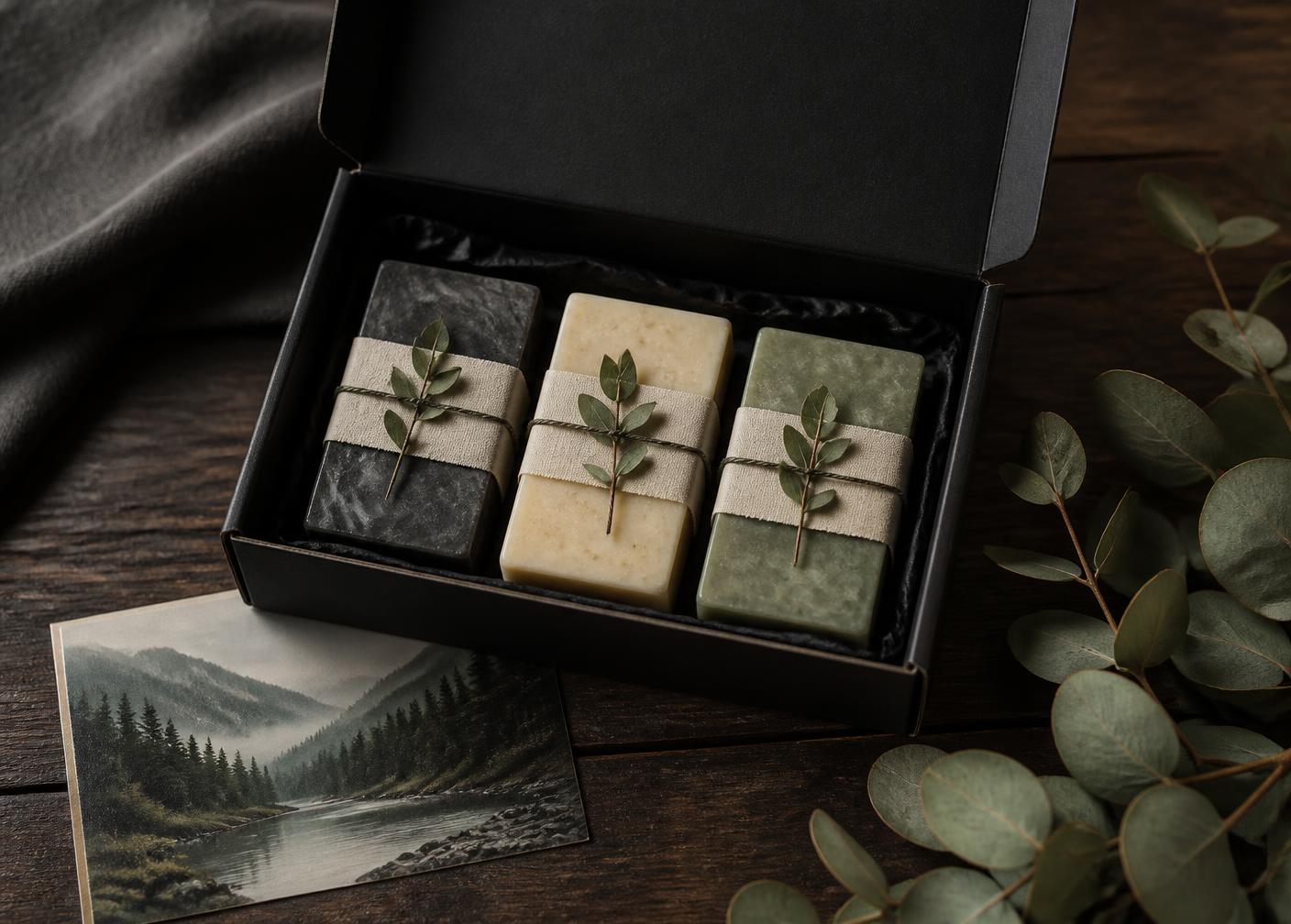 Black gift box holding three wrapped soap bars beside eucalyptus