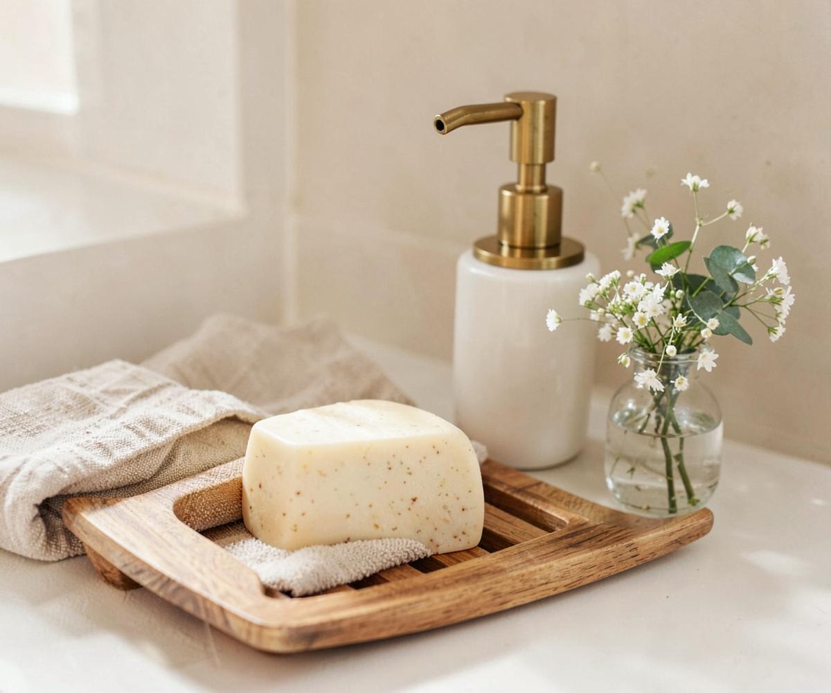 Soap bar on a wooden dish beside linen towels and wildflowers
