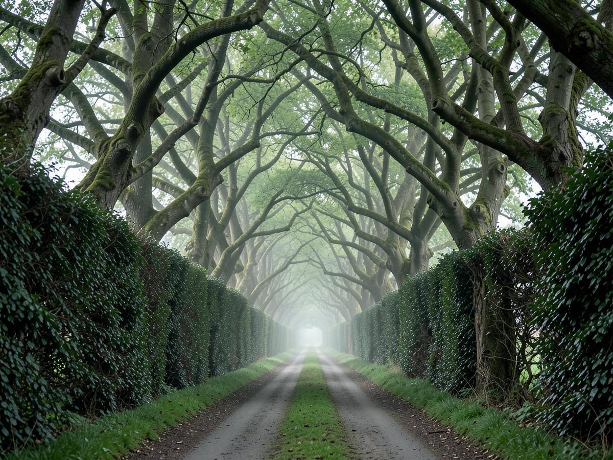 Tunnel of ancient beech trees over a misty Irish country lane